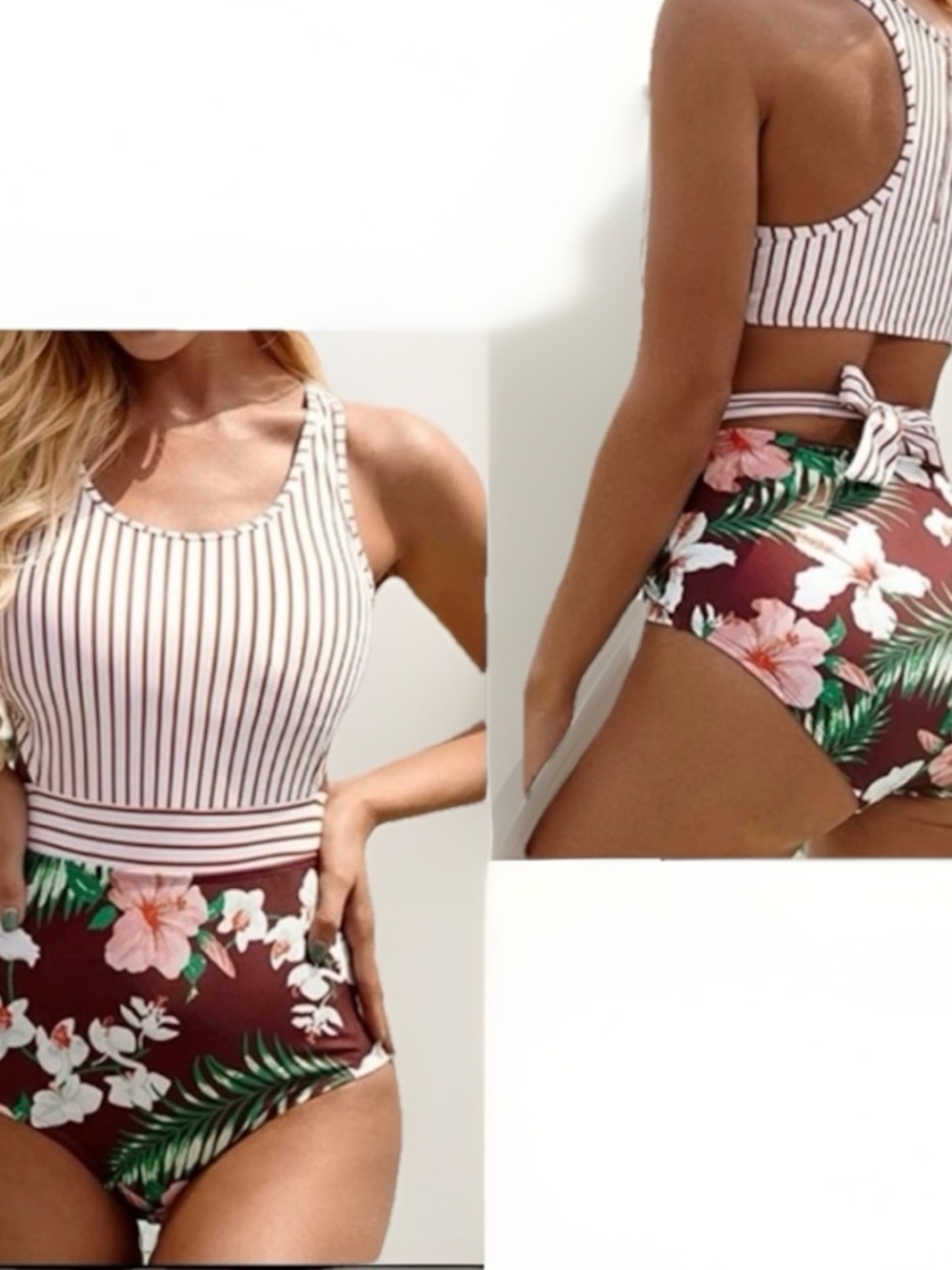 MOLYBELL Swimsuit  M High Waist 1Pc Monokini Floral Print Cutout Zip Racerback